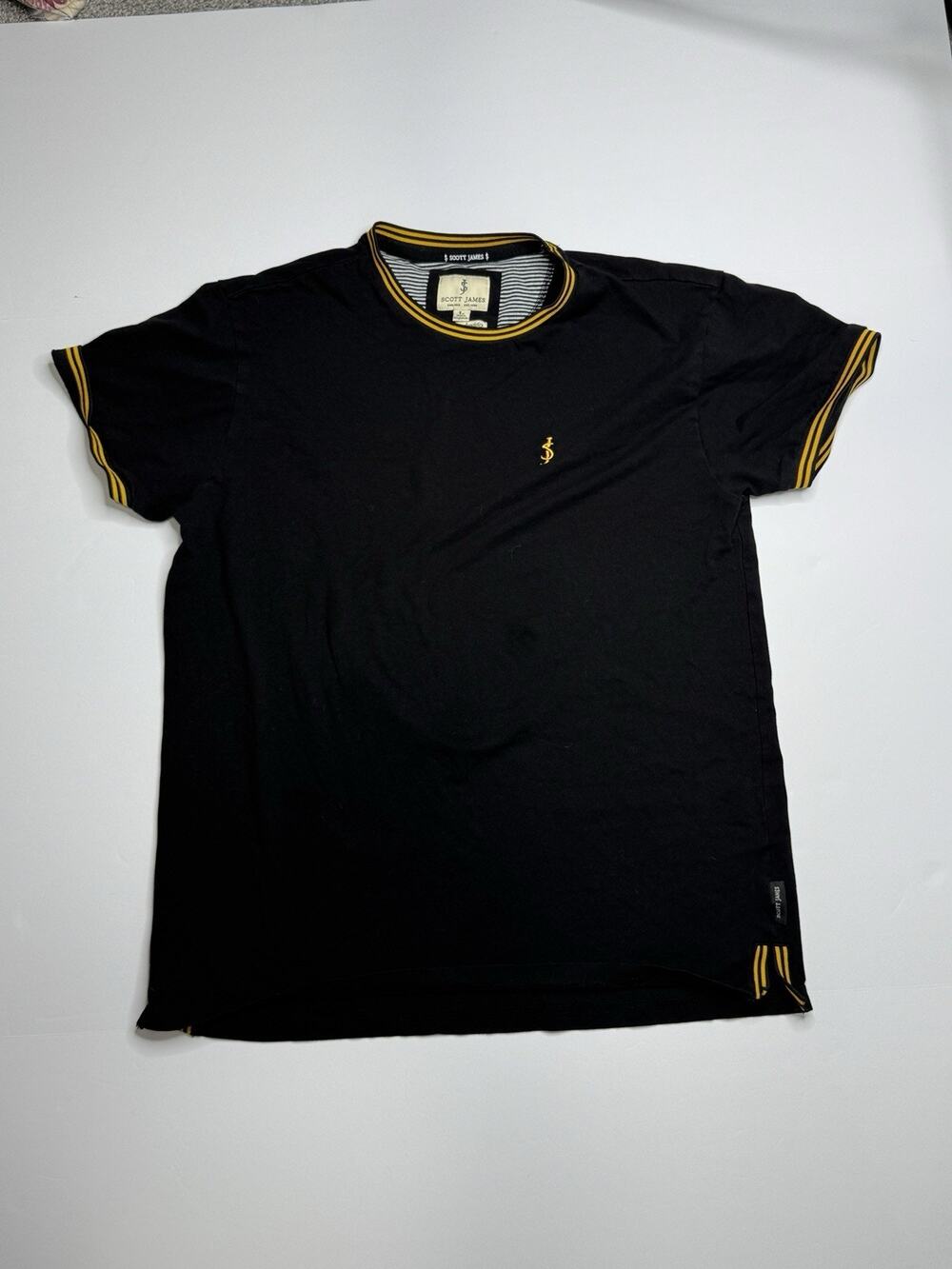 Scott James England Mens L Black T Shirt Yellow Trim Embroidered Logo Cotton